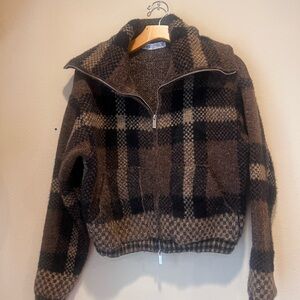 ZARA Brown and Black Plaid Bomber Jacket